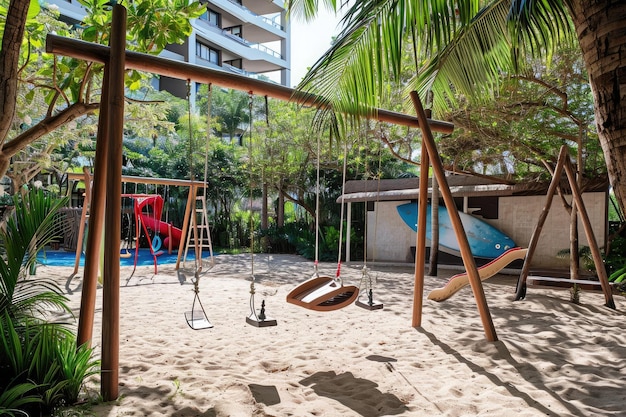 Kinderspielplatz mit Schaukeln und Rutschen, Spaß und sicherer Spielplatz im Freien für Kinder. Ein Strandspielplatz mit Schaukeln, Sandspielbereichen und Surfbrettern, die von KI erstellt wurden