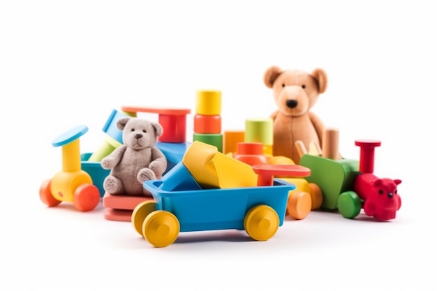 Kinderspielzeug isoliert auf weißem Hintergrund, erstellt mit generativer KI