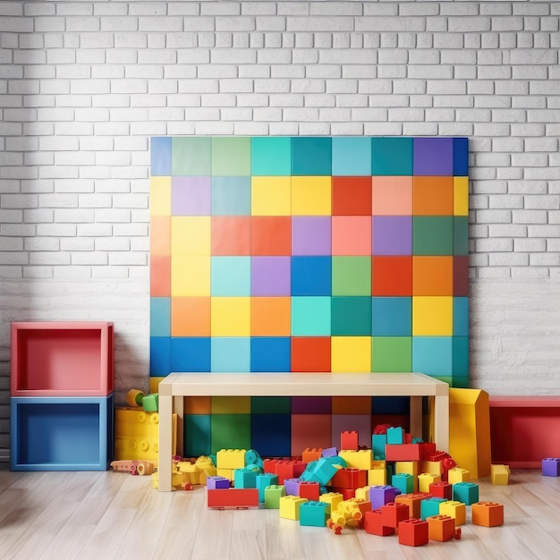 Kinderspielzimmer mit bunten Lernblöcken aus Kunststoff, Spielzeug KindergartenGenerative KI