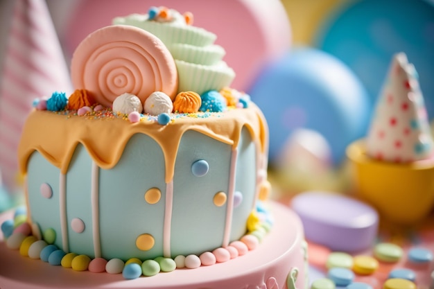 Kindertorte auf dem Tisch mit Geburtstagsdeko im Hintergrund Die Erstjahresfeier soll den ersten Geburtstag des Kindes, aber auch den ersten Geburtstag der Mutter feiern