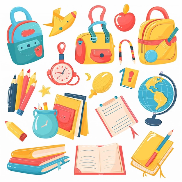 Kinderversorgung mit niedlichen Elementen der Grundschule Schultasche Anhänger Globus Bleistifte und Bücher