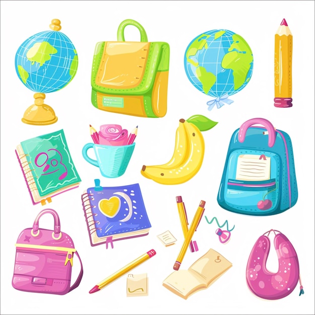 Kinderversorgung mit niedlichen Elementen der Grundschule Schultasche Anhänger Globus Bleistifte und Bücher