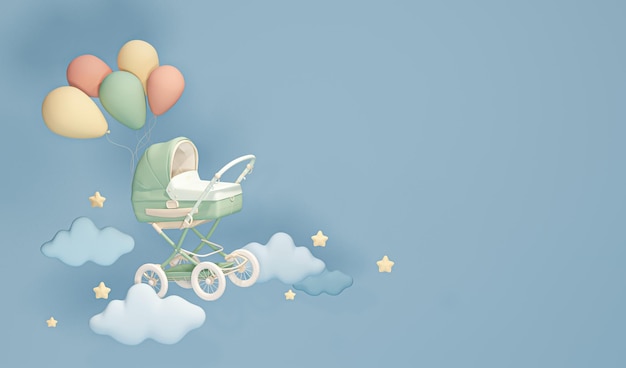 Kinderwagen und schwebende Ballons umgeben von Wolken und Sternen auf einem pastellblauen Hintergrund 3D-Render