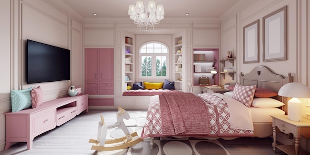Kinderzimmer im klassischen stil in beige und rosa mit schreibtisch und spielzeug und regalen am fenster