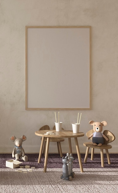 Kinderzimmer im skandinavischen Stil mit Mock-up-Rahmen auf Wandhintergrund