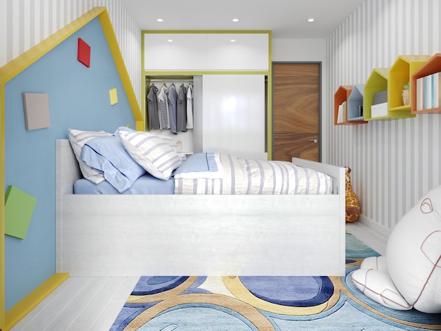 Kinderzimmer in weiß und blau mit einem hochbett und einem kopfteil in form eines hauses
