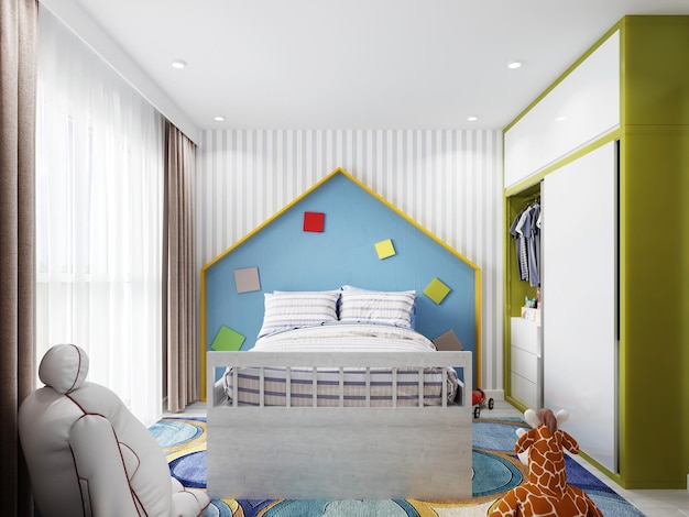 Kinderzimmer in weiß und blau mit einem hochbett und einem kopfteil in form eines hauses