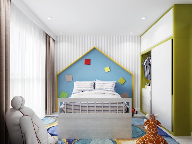 Kinderzimmer in Weiß und Blau mit einem Hochbett und einem Kopfteil in Form eines Hauses