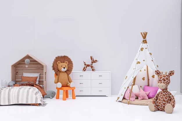 Kinderzimmer mit ausgestopften Spielzeugtieren und Tipi spielen 3D-gerenderte Illustration