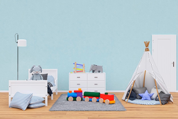 Kinderzimmer mit ausgestopften Spielzeugtieren und Tipi spielen 3D-gerenderte Illustration