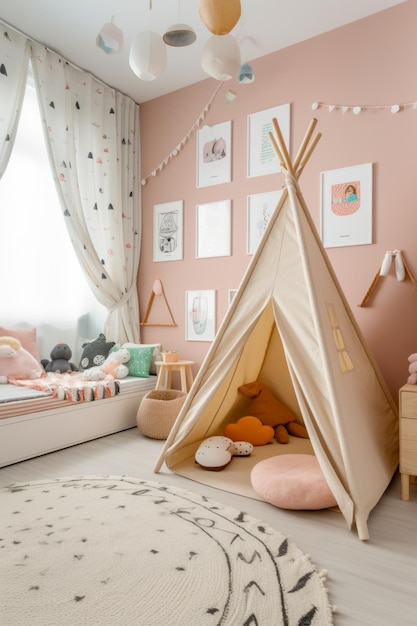 Kinderzimmer mit Tipi-Zelt in der Ecke des Raumes Generative KI