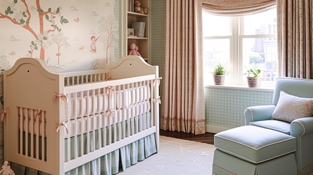 Kinderzimmerdekoration Pastell-Innenarchitektur und Kinder-Hausdekoration Babyzimmer-Krippe-Bett und Landmöbel Interieur im englischen Landhausstil