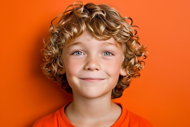 Kindes Lächeln mit lockigem blonden Haar auf orangefarbenem Hintergrund