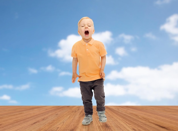 Kindheit, Emotion, Ausdruck und Menschenkonzept - glücklicher kleiner Junge in Freizeitkleidung, der über blauem Himmel und Holzbodenhintergrund schreit, weint oder niest