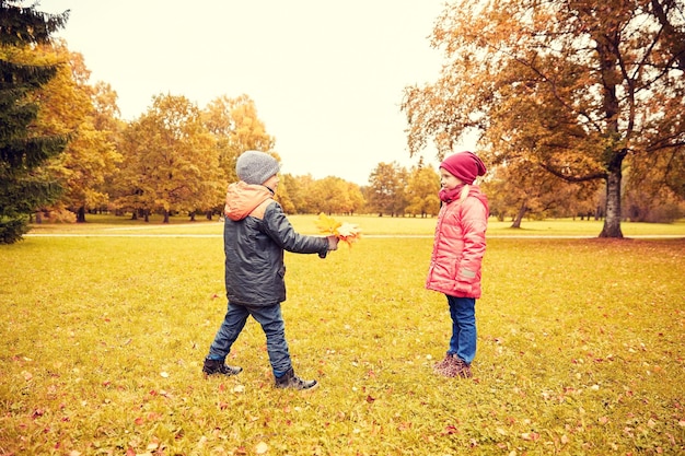 kindheit, freizeit, freundschaft und personenkonzept - glücklicher kleiner junge, der dem mädchen im herbstpark ahornblätter gibt