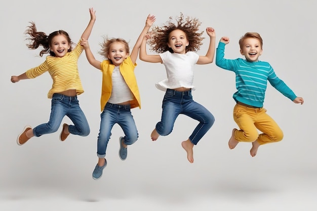 Kindheit Spaß und Bewegung Konzept glückliche Kinder springen über weißen Hintergrund ai generiert