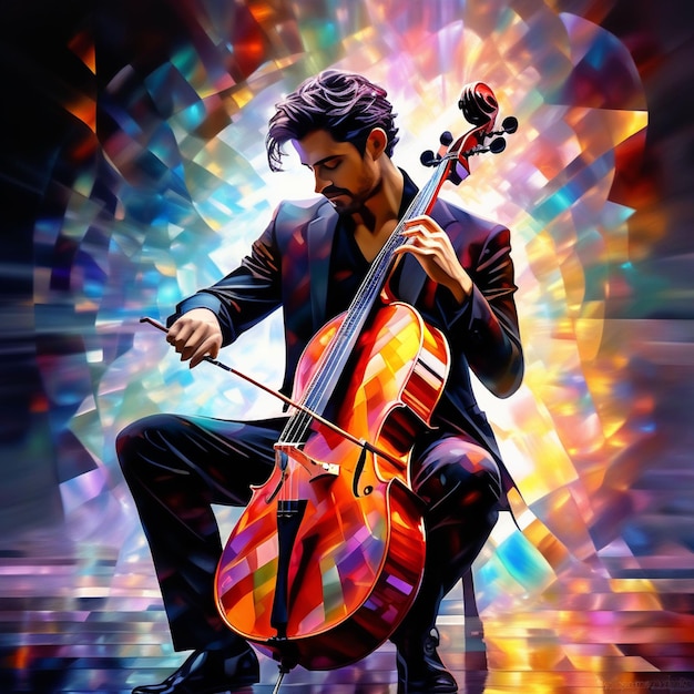 Kinematografische Aufnahme eines männlichen Cellisten, der Cello-Solo auf einer leeren klassischen Theaterbühne mit dramatischer Beleuchtung spielt