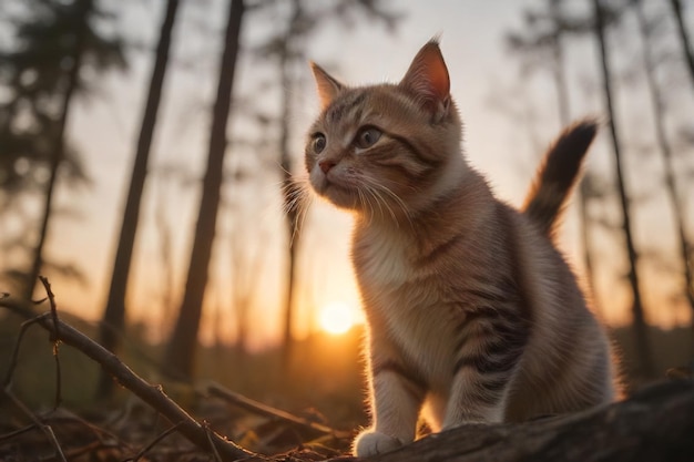 Kinematografische Stimmung Golden Hour Sonnenuntergang und entzückendes Kätzchenporträt, generiert von KI