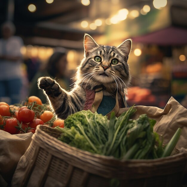 Foto kinematografischer standbild von einer katze, die einen einkaufsbeutel voller gemüse mit pfoten hält