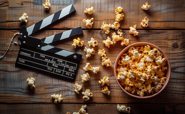 Kinematografisches Setup mit Popcorn und Film-Clapperboard auf einem rustikalen Holztisch