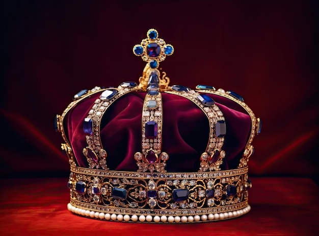 King Edwards Crown que utilizará el rey Carlos III para su coronación se sienta sobre una almohada púrpura con un fondo púrpura