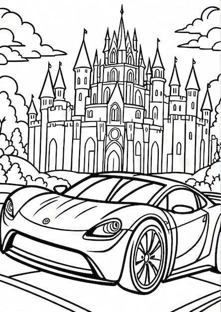 Kingdom Drive AIGenerated Malseite mit super futuristischem Auto und Schloss-Hintergrund