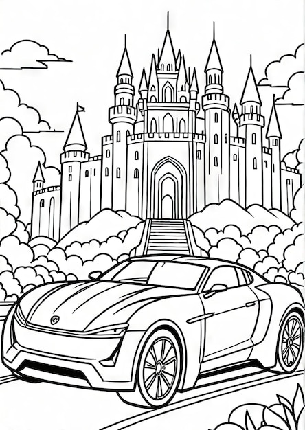 Foto kingdom drive aigenerated página de coloração com carro super futurista e fundo de castelo