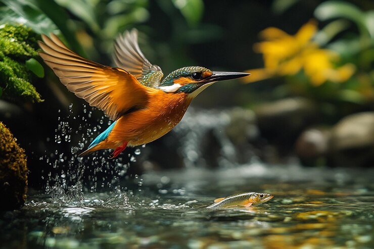 Kingfisher atrapando peces en un entorno de agua serena rodeado de vegetación IA generativa