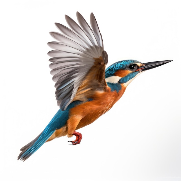 Kingfisher fliegt isoliert auf weißem Hintergrund