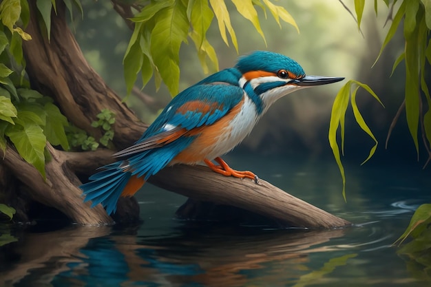 Kingfisher sentado en una rama en el río