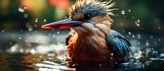 Kingfisher tomando un baño en una piscina con gotas de agua