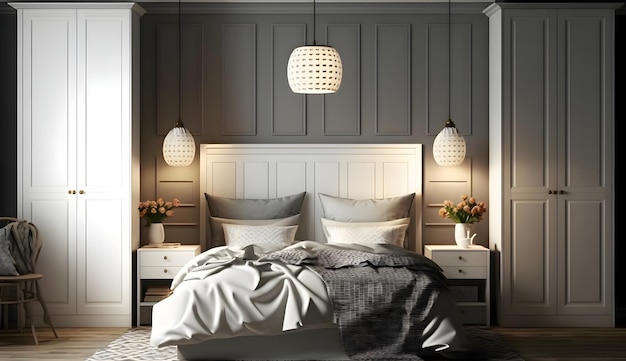 Kingsize-Bett mit gemusterter Bettwäsche, zwei weißen Lampen und weißem Kleiderschrank