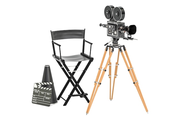 Kino-Konzept Filmkamera mit Filmrollen Stuhl Megafon und Clapperboard 3D-Rendering