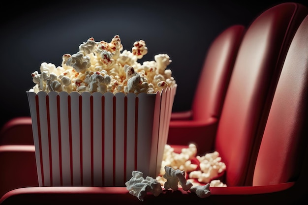 Foto kino-popcorn auf roten sitzen ai generiert