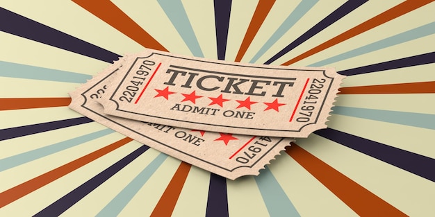 Kinokarten vom alten Typ beige isoliert recyceln auf einem Vintage-Zirkus-Hintergrund 3D-Illustration