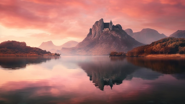 Kirche in der Mitte des Sees bei Sonnenuntergang mit rosa Himmel und Reflexion am Wasser