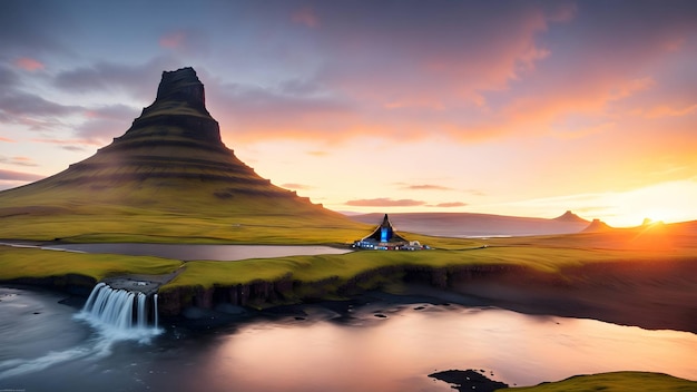 Kirkjufell al amanecer en Islandia Hermoso paisaje y amanecer generado ai