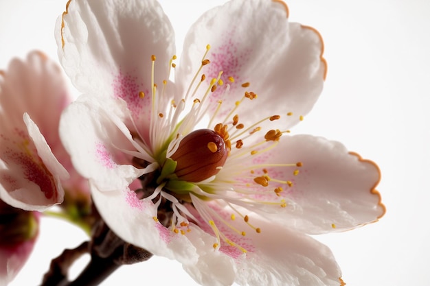 Kirsch-Sakura-Blumen blühen in voller Blüte auf einem Kirschbaumzweig, der in eine weiße Illustration übergeht