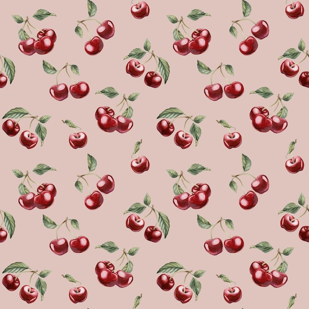 Kirschbeeren Aquarell blumiges nahtloses Muster auf Pfirsichrosa-Hintergrund für Tischtextil