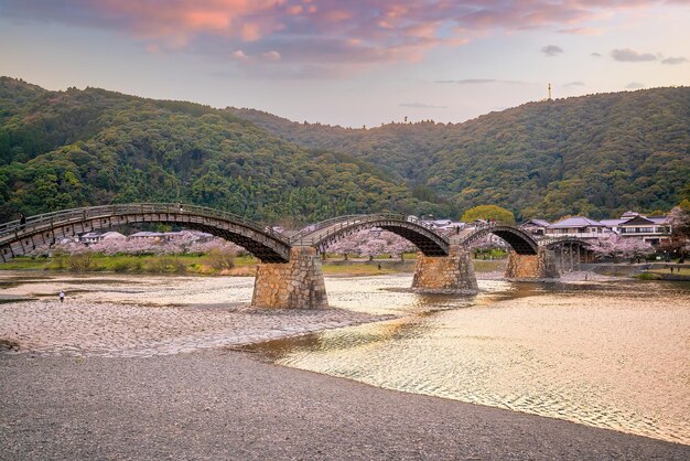 Kirschblüte an der Kintaikyo-Brücke Iwakuni-Stadt Japan bei Sonnenuntergang