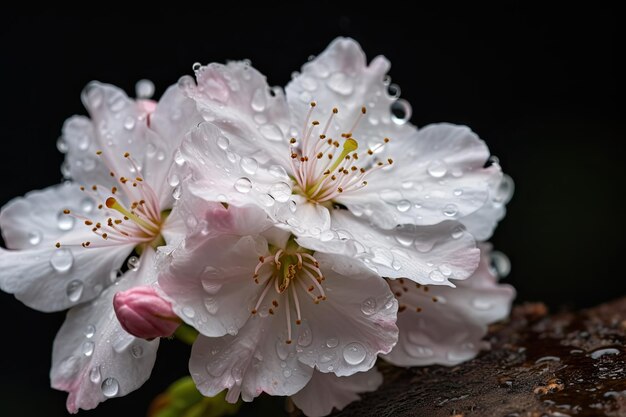 Kirschblüte in voller Blüte mit Tautropfen auf Blütenblättern, erstellt mit generativer KI