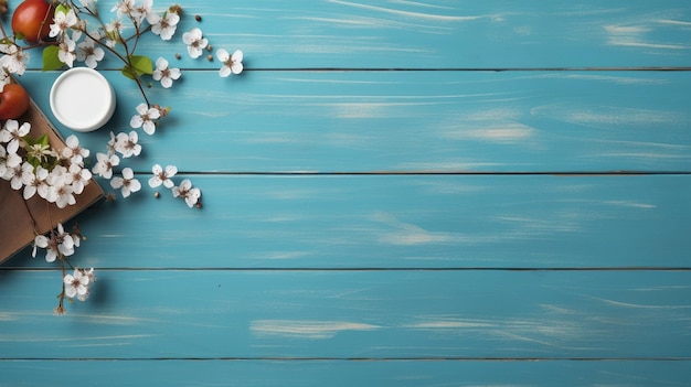 Kirschblüte mit Milch und Geschenkkiste auf blauem Holzhintergrund