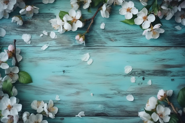 Kirschblüten auf blauem Hintergrund aus Holz