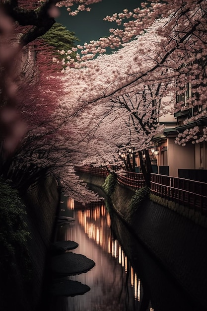 Kirschblüten entlang des Flusses in Japan