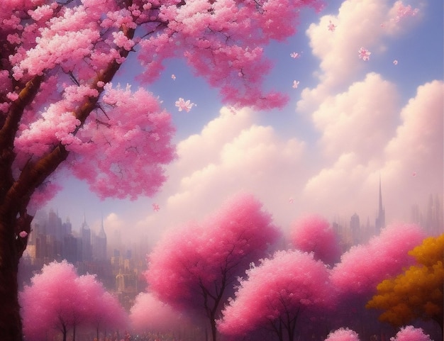 Kirschblüten-Frühlingslandschaft, Sakura, Blütenblätter fallen, Stadtbild, öffentlicher Garten