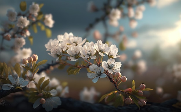 Kirschblüten hinter verschwommenem Himmelshintergrund mit filmischer und dramatischer Aussicht