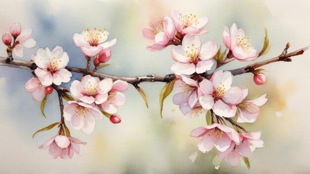 Kirschblüten in kleinen Gruppen auf einem Kirschbaumzweig mit Aquarell-Hintergrund