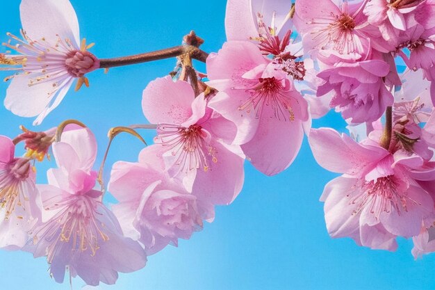 Kirschblüten mit blauem Himmelshintergrund, weiches Licht, bunte Kirschblumen mit freien Räumen