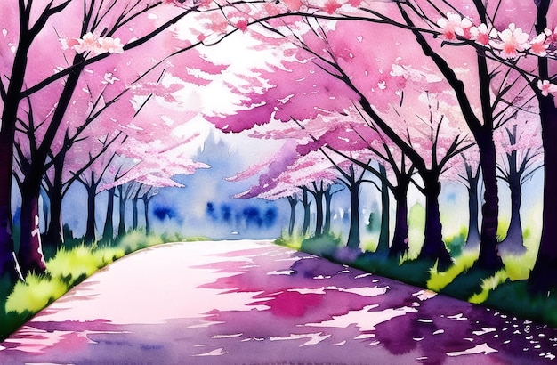 Kirschblüten Rosa Blumen Frühling Bäume Fantasy Illustration Malerei ai generiert Aquarell