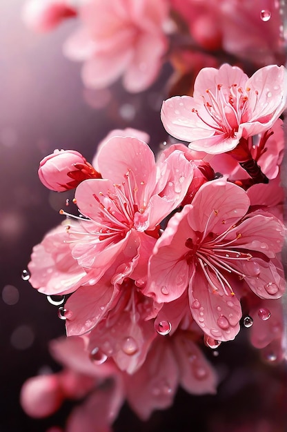 Foto kirschblütenbaum mit wassertropfen auf dunklem bokeh-hintergrund